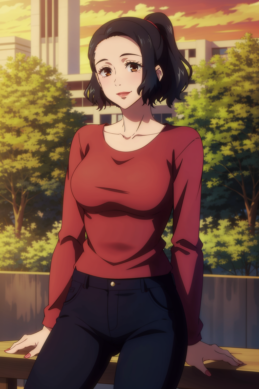 00007-1679830343-1girl, solo,ynagi, _lora_Nagi-10_0.6_,  potrait, brown eyes, smile, lips, embarrassed, black hair,outdoors, pants, , mature fema.png